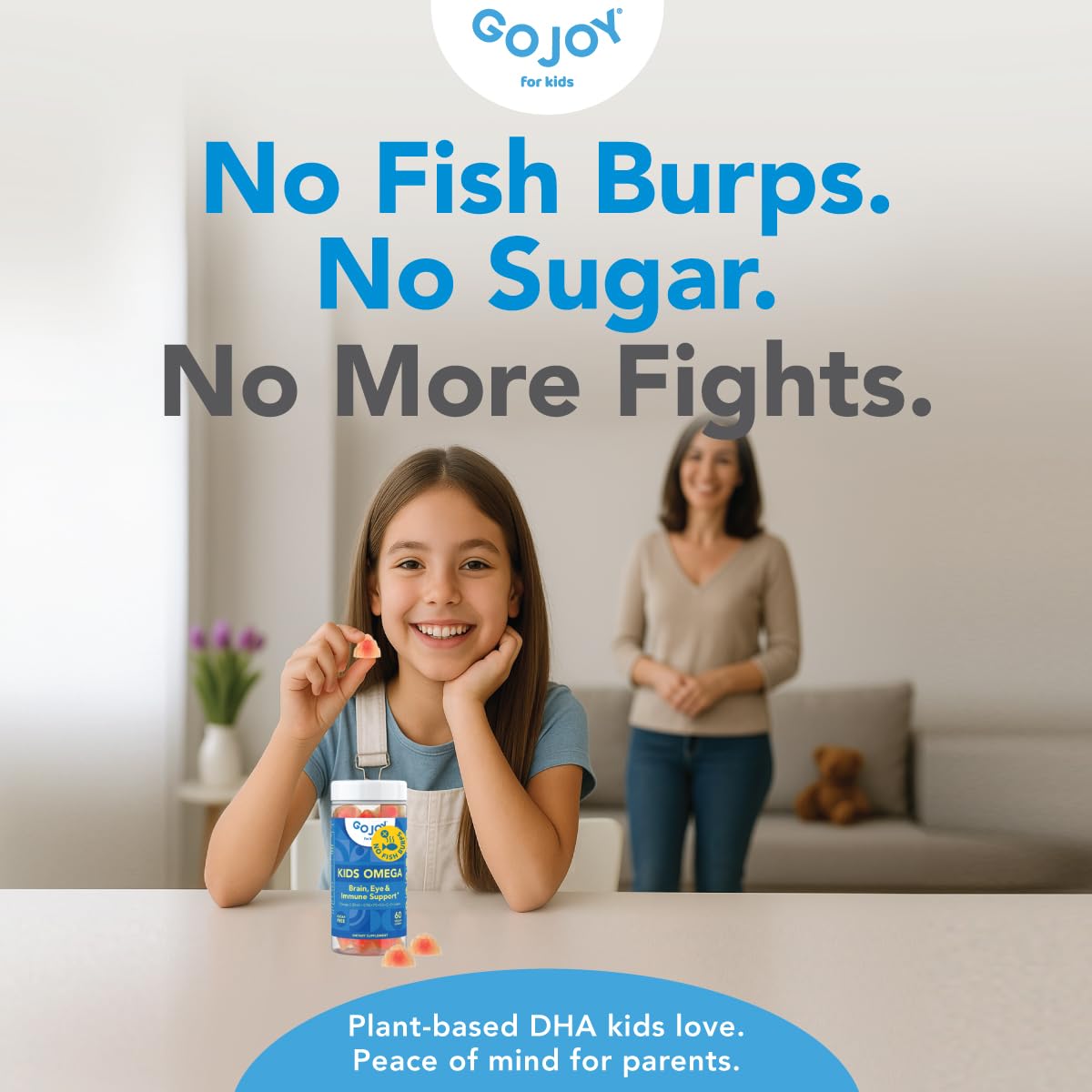 GOJOY Naturals Kids Omega 3 Gummies ingredients illustration, microalgae-derived DHA.