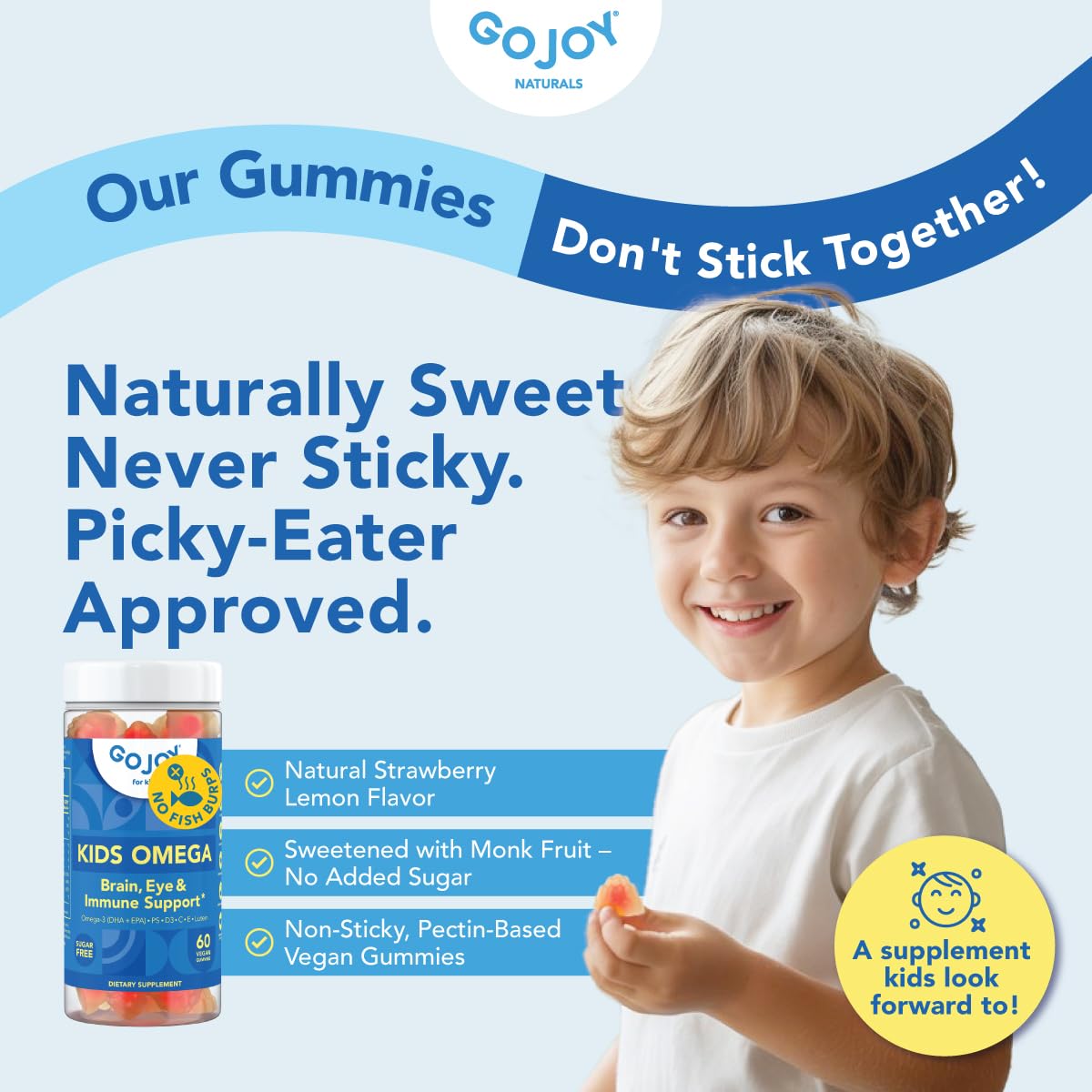 GOJOY Naturals facility badge, USA GMP-certified production.