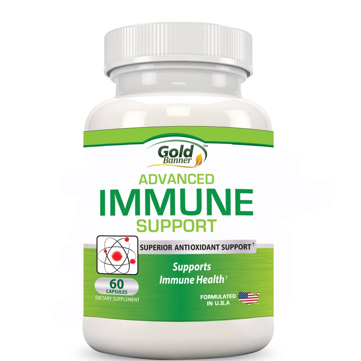 Gold Banner Immune Support bottle front showcases the antioxidant-rich formula for daily wellness