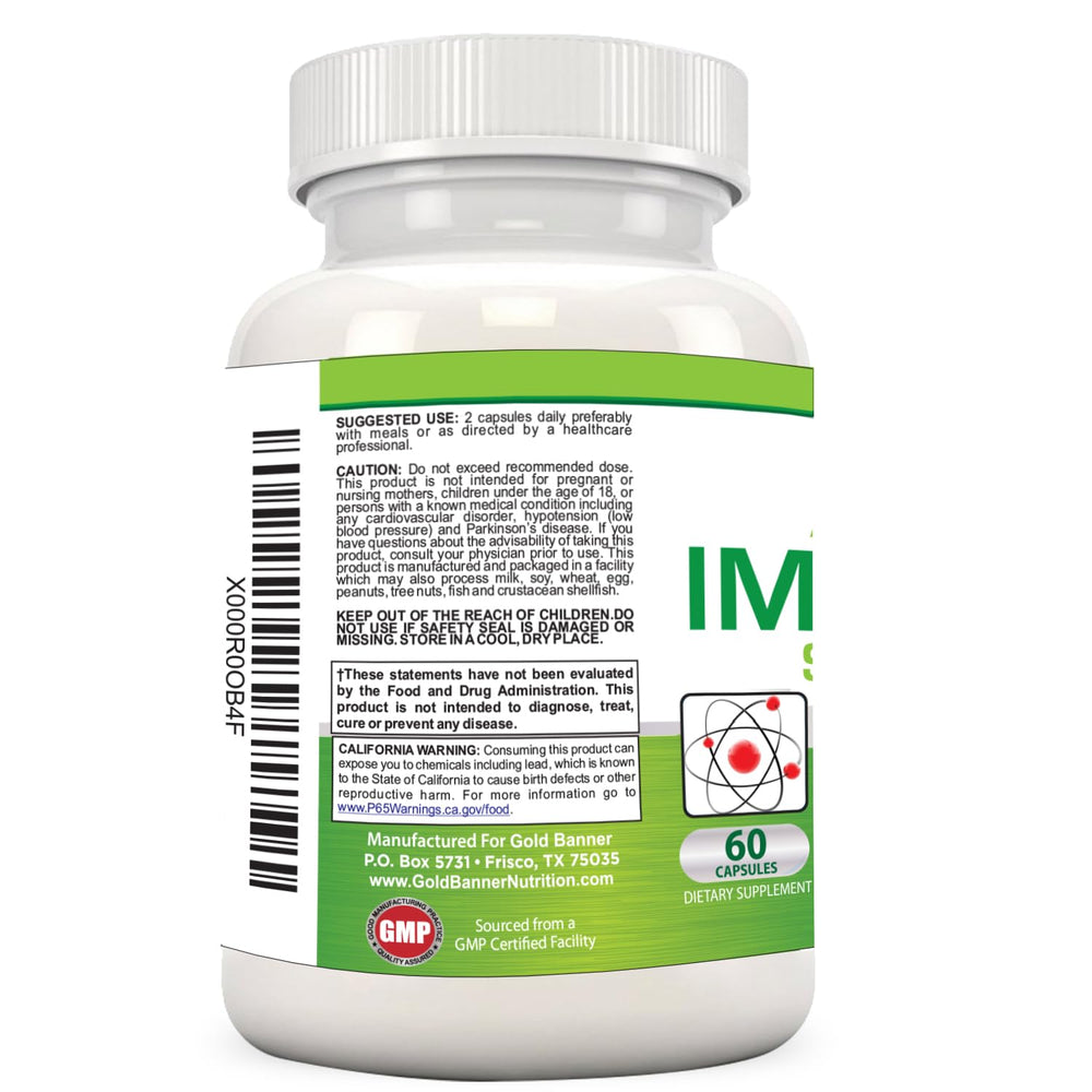 Gold Banner Immune Support capsules close-up suggests convenient daily pairing with meals