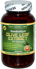 Gold Source Labs olive leaf extract bottle with 90 vegan capsules for immune support.