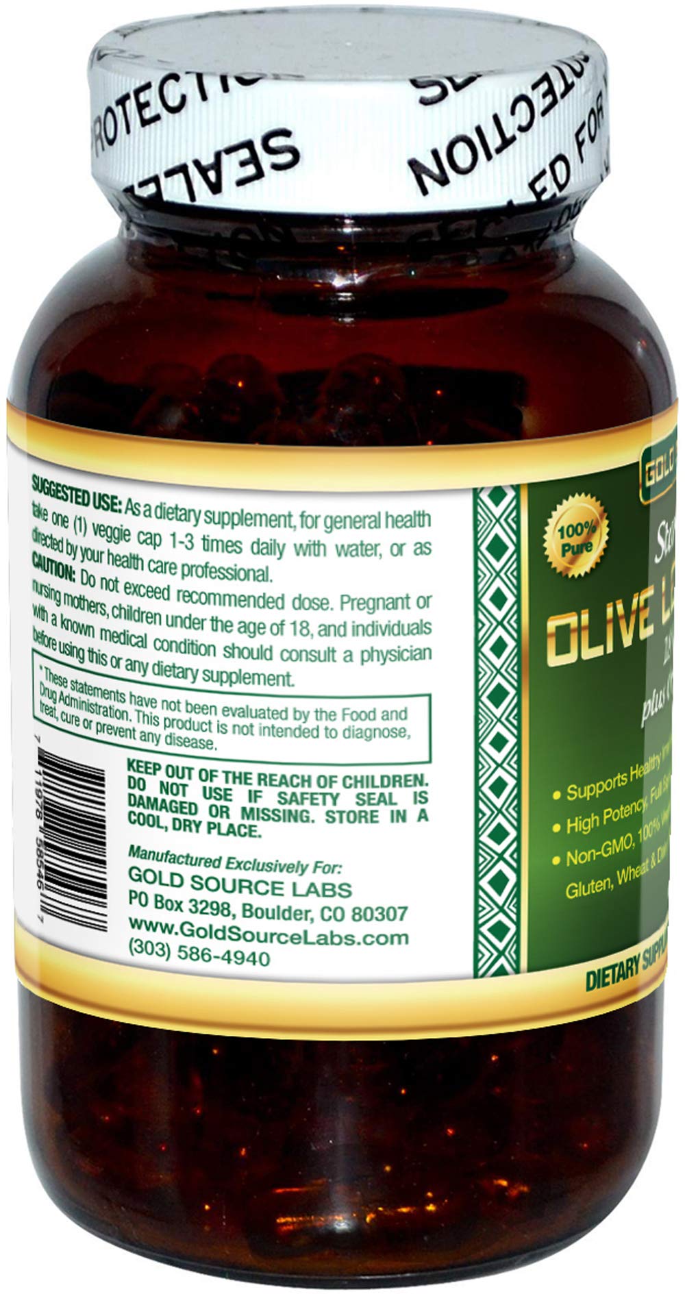 Capsules arranged to show 400 mg per serving in a full-spectrum olive leaf blend for daily wellness.