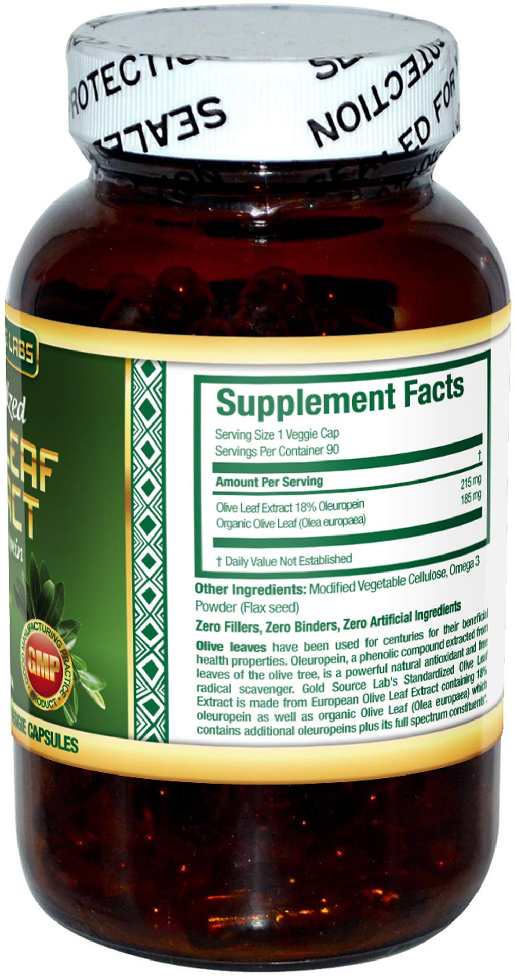Label on the Gold Source Labs bottle highlights 18% oleuropein potency for immune health.