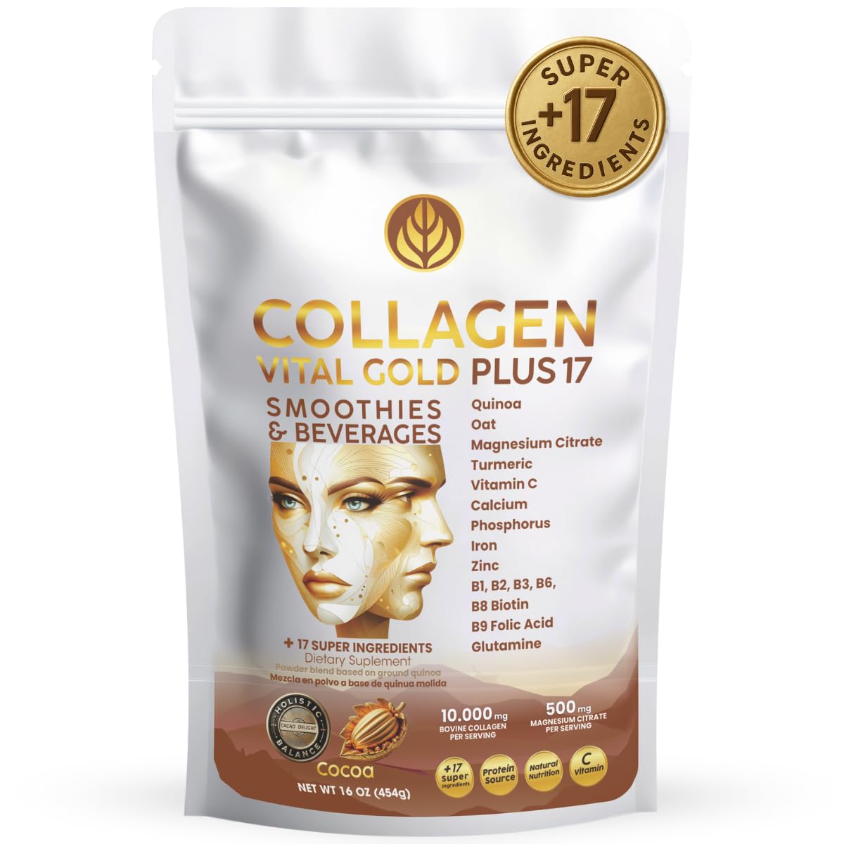 Gold Vital Life collagen powder bottle in cocoa flavor for daily beauty and joint support