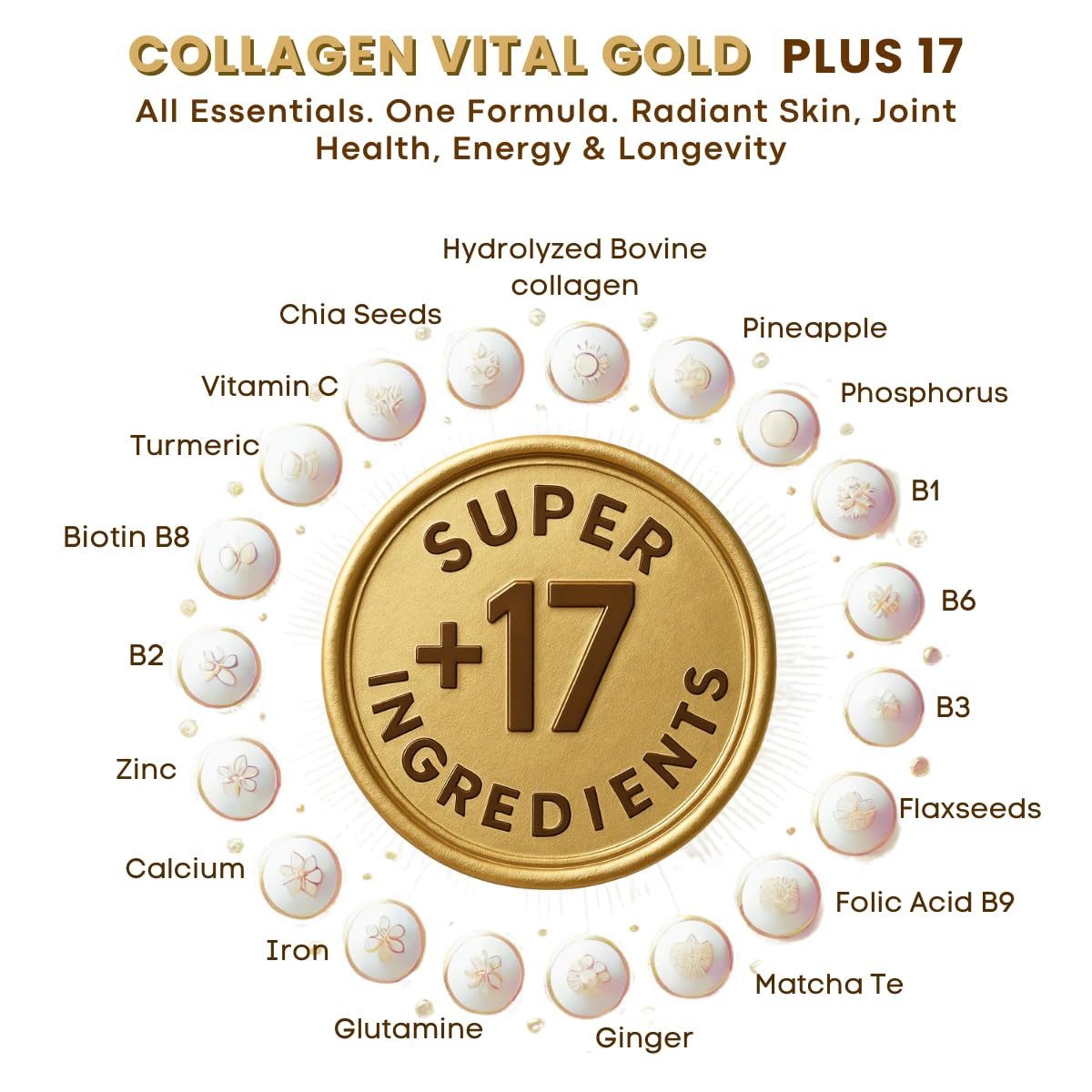 Gold Vital Life ingredients panel highlighting +17 superfoods
