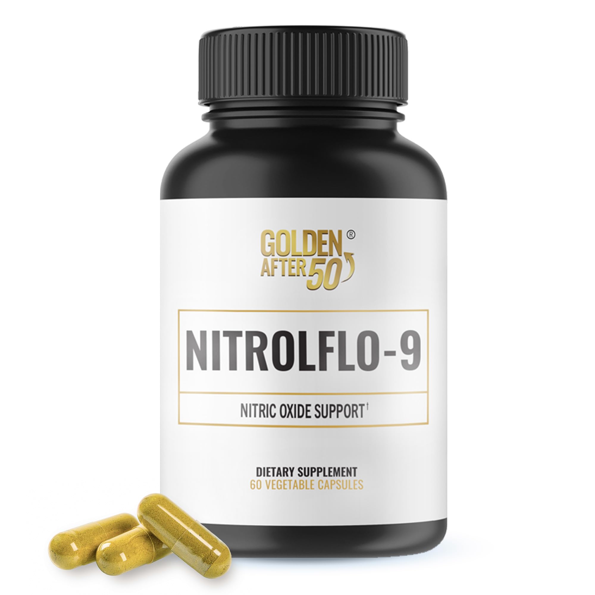 Golden After 50 NitrolFlo-9 bottle closeup showing nitric oxide support and energy potential