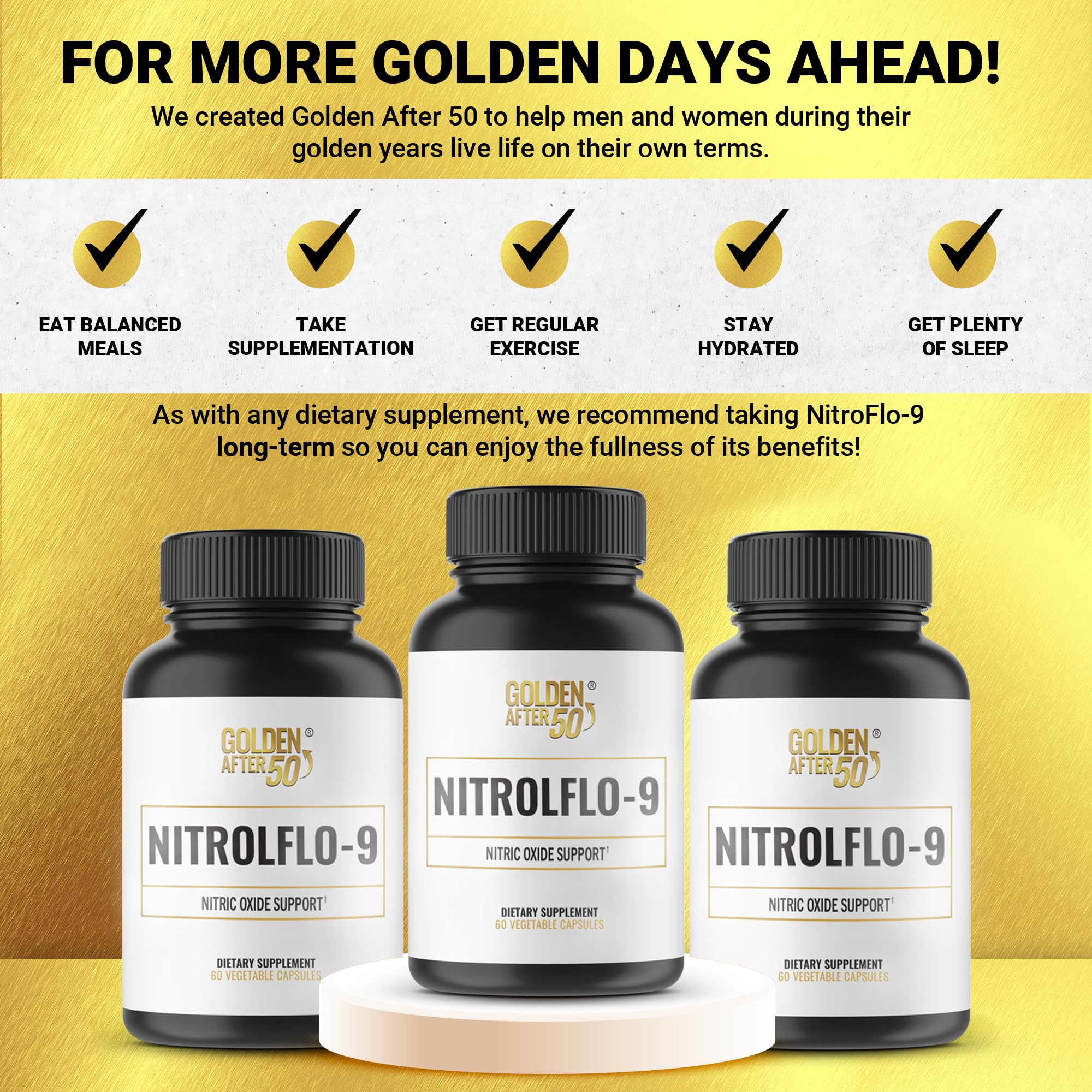 Elegant packaging of Golden After 50 NitrolFlo-9 product on display