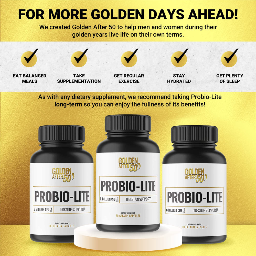 Golden After 50 Probio-Lite health benefits graphic showing digestive comfort potential.