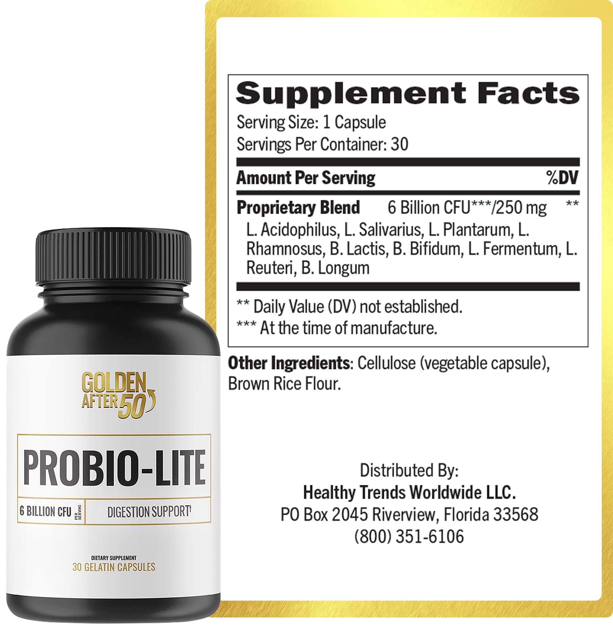 Golden After 50 Probio-Lite label close-up highlighting probiotic formula for digestive balance.