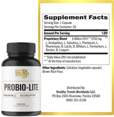 Golden After 50 Probio-Lite label close-up highlighting probiotic formula for digestive balance.
