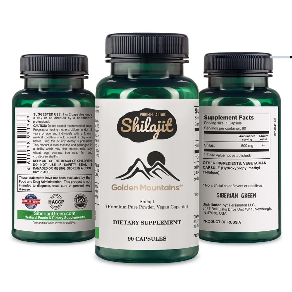 Golden Mountains Shilajit capsules closeup emphasizes vegan capsule form.