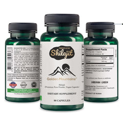 Golden Mountains Shilajit capsules closeup emphasizes vegan capsule form.