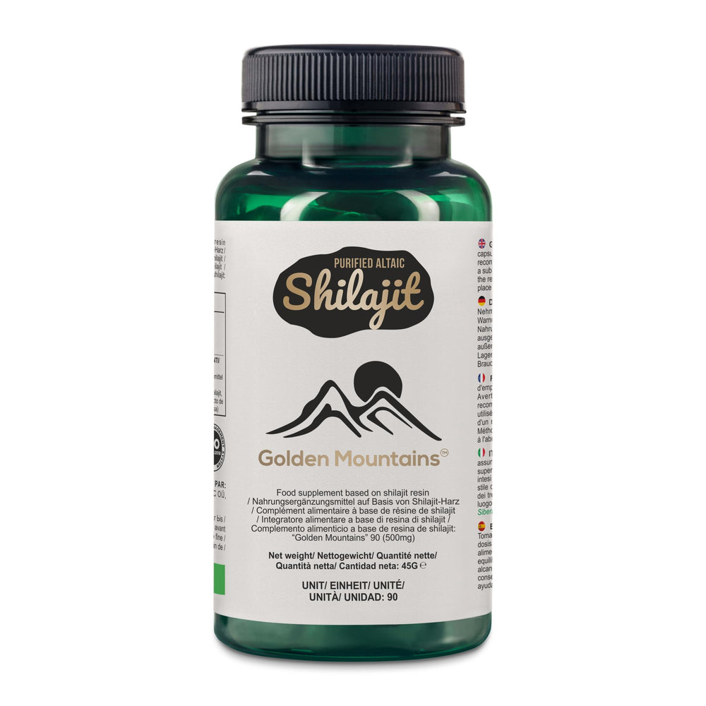 Golden Mountains Shilajit capsules in hand suggest simple daily supplementation.
