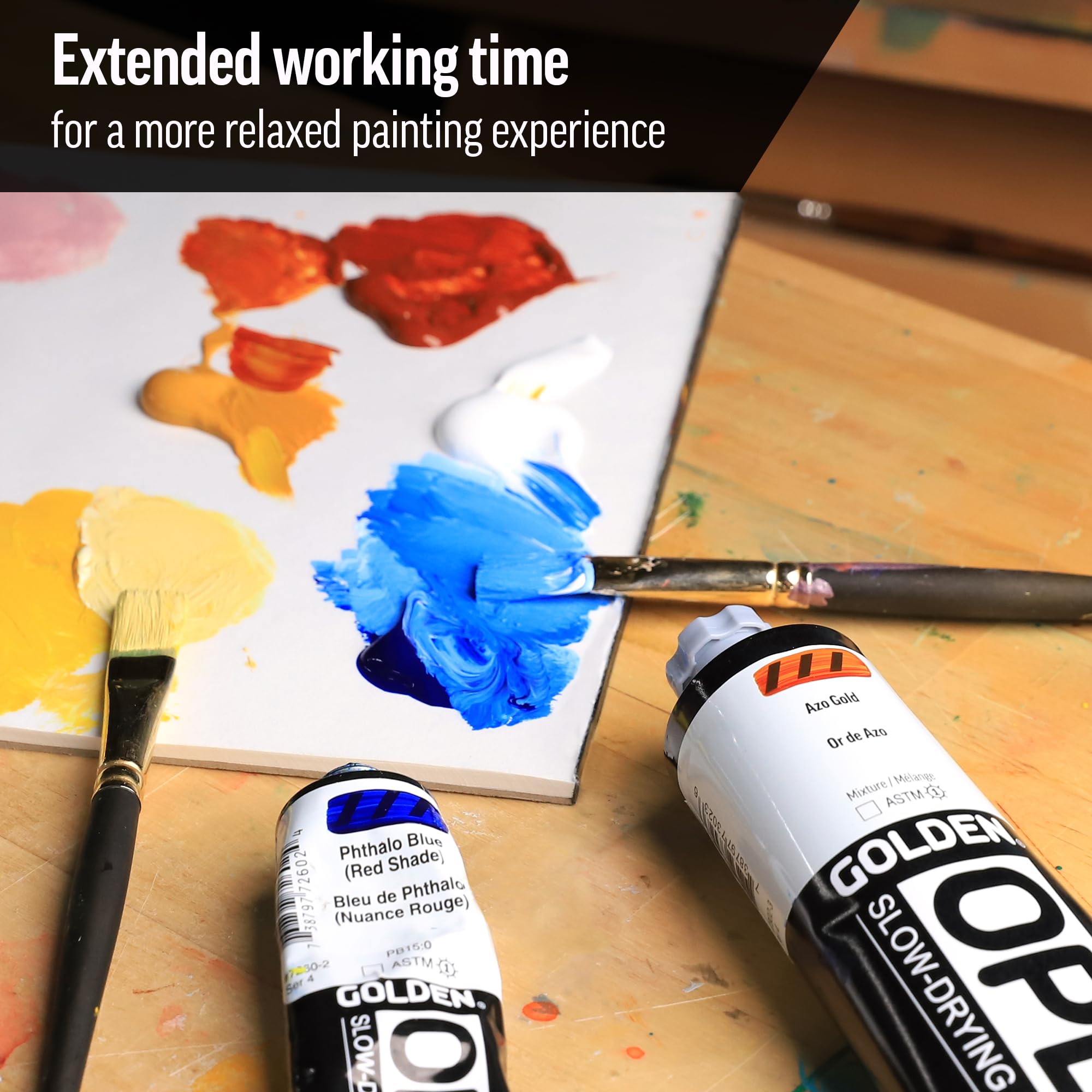 GOLDEN OPEN brush stroke on canvas demonstrating smooth color application