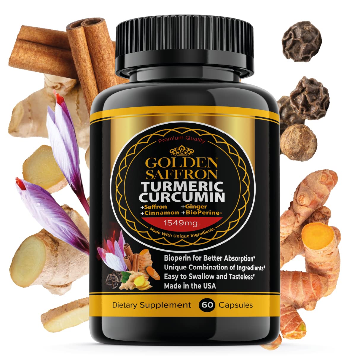 GOLDEN SAFFRON bottle displaying turmeric blend for daily wellness.