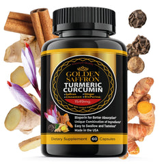 GOLDEN SAFFRON bottle displaying turmeric blend for daily wellness.