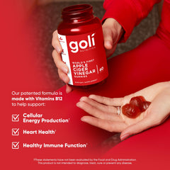 Goli gummies label close-up highlighting B12 for immune function and metabolism.