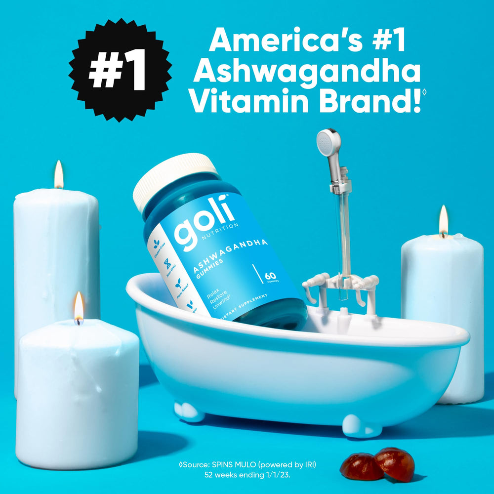 Goli Ashwagandha gummies jar back reveals key ingredients for daily wellness support.