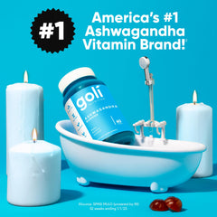 Goli Ashwagandha gummies jar back reveals key ingredients for daily wellness support.