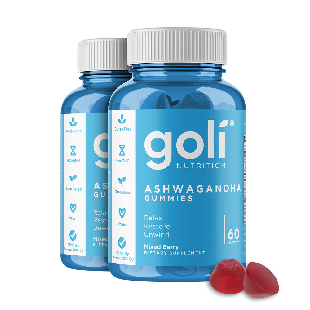 Goli Ashwagandha gummies jar front highlights mixed berry flavor for daily use.