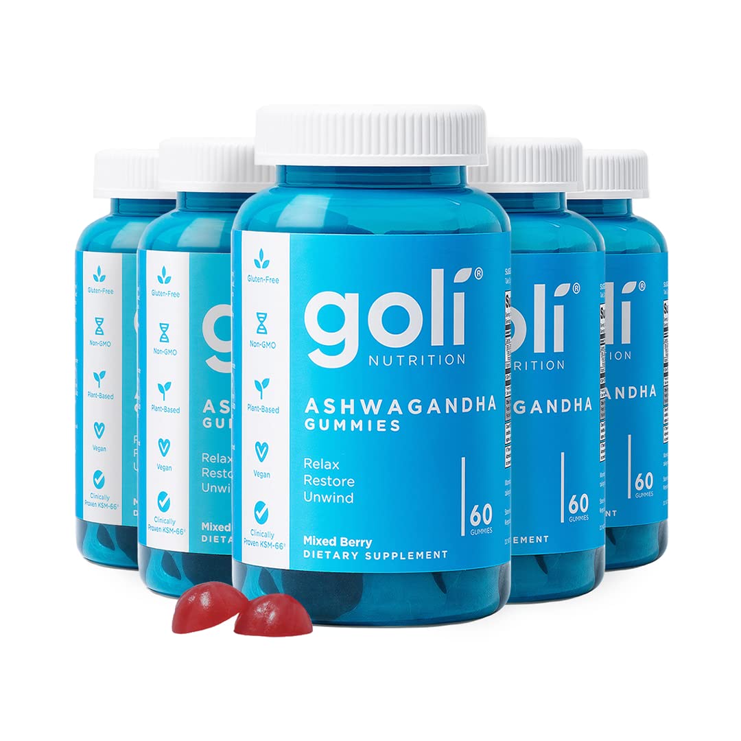 Goli Ashwagandha Gummies bottle on a desk for daily balance and focus.