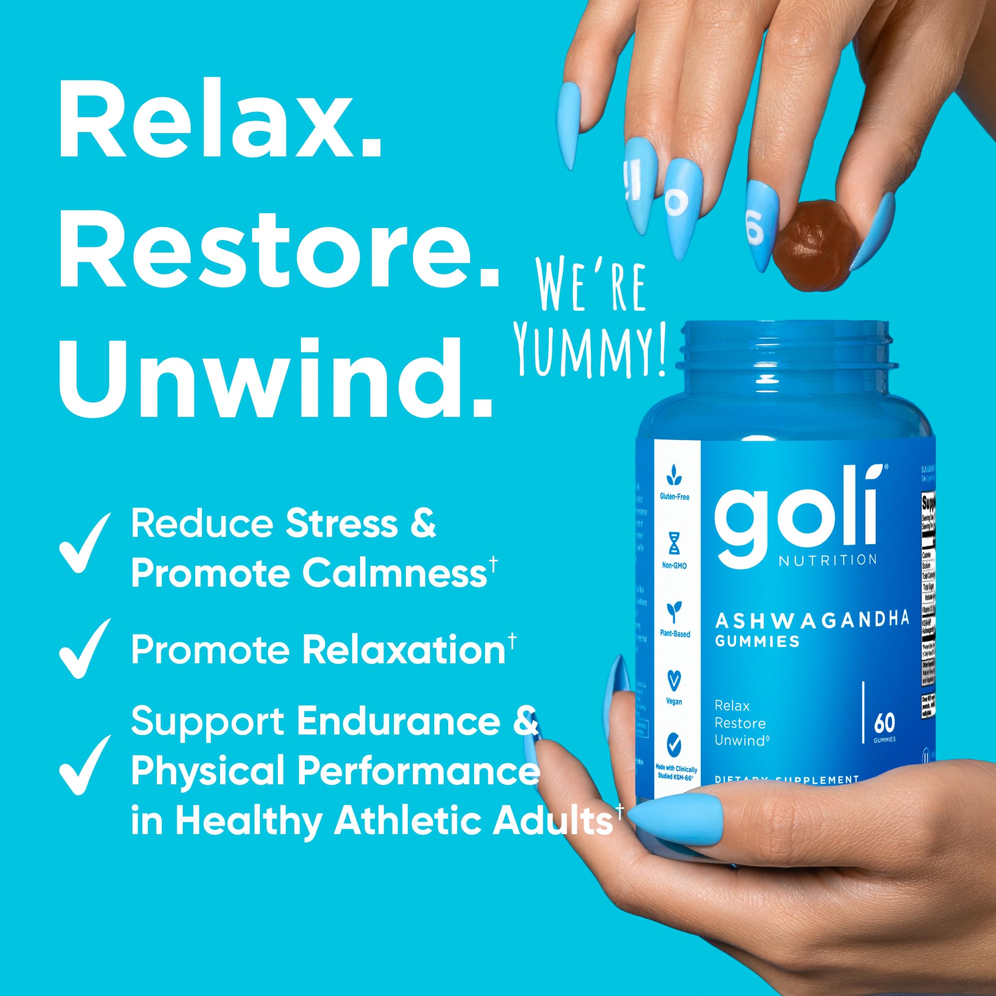 Goli Ashwagandha Gummies KSM-66 label highlights premium adaptogenic formula.