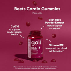 Goli Beets Cardio Gummies bottle closeup highlighting convenient energy support
