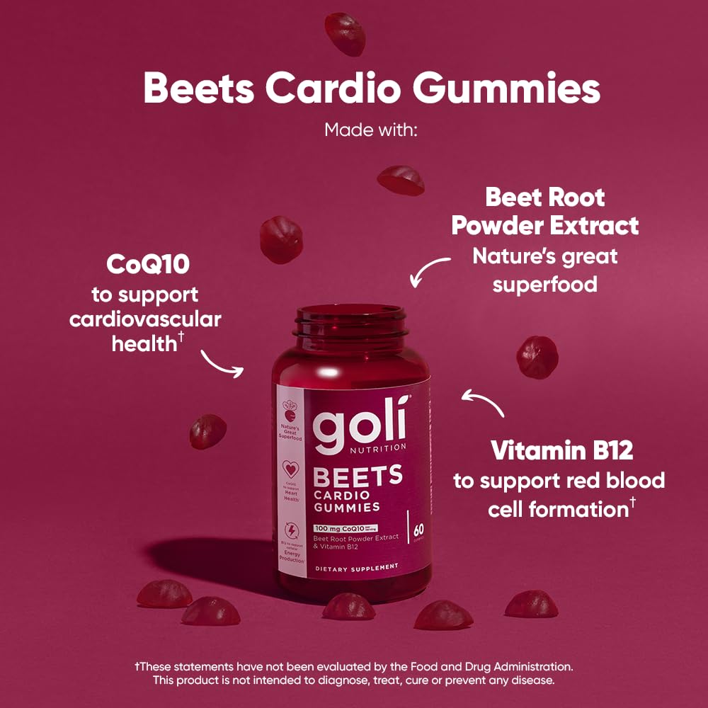 Goli Beets Cardio Gummies CoQ10 label highlights energy-friendly formula.