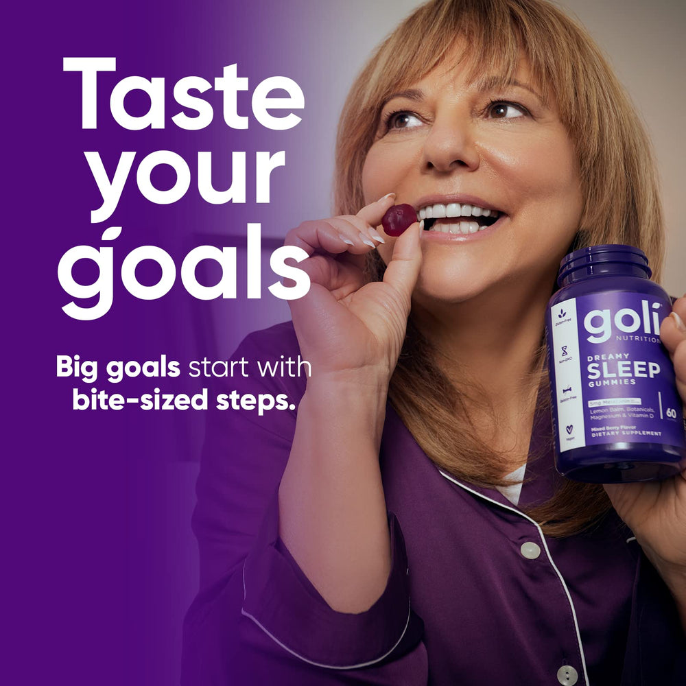 Goli Dreamy Sleep gummy bottle back highlights magnesium for relaxation support.