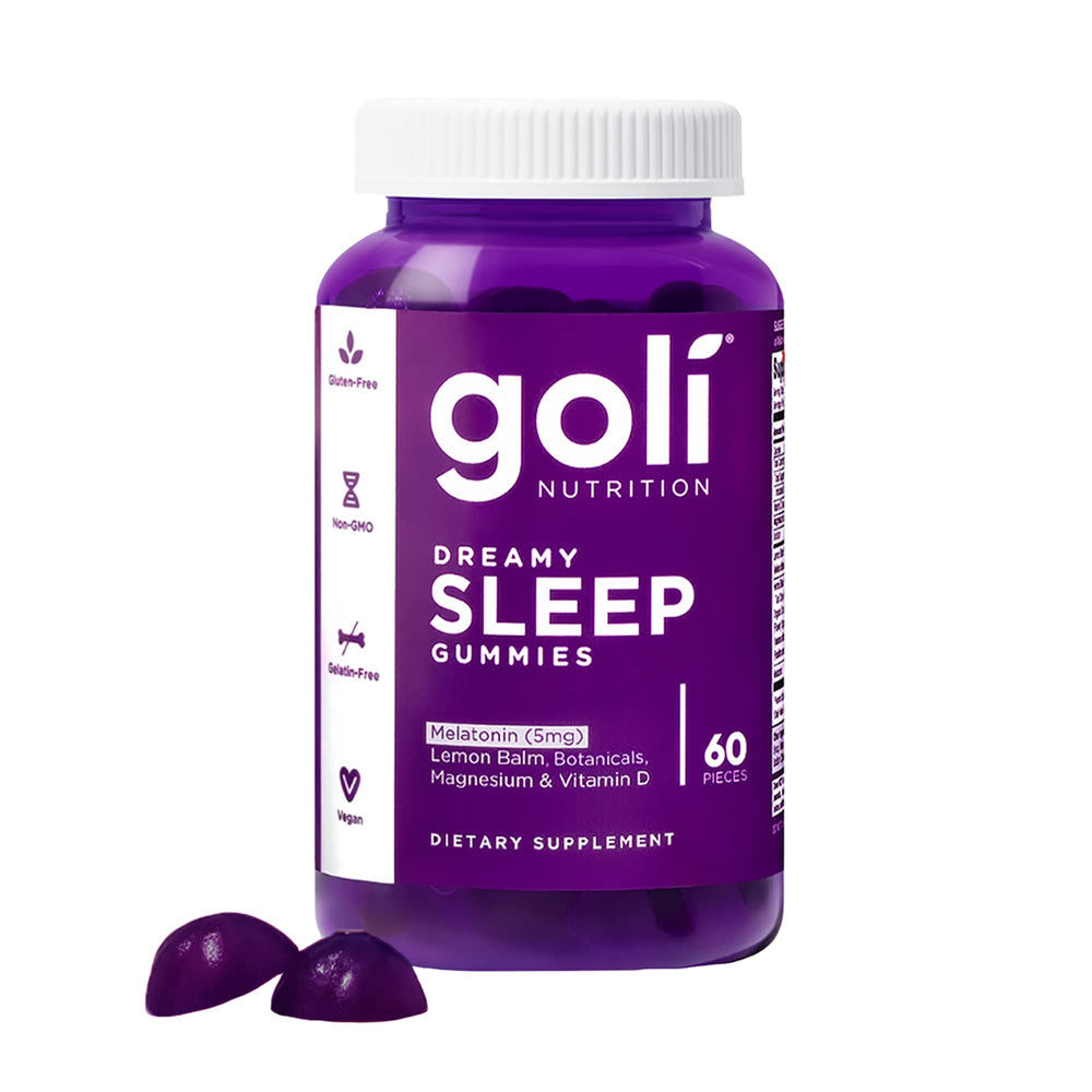 Goli Dreamy Sleep gummy bottle front highlighting melatonin for restful nights.