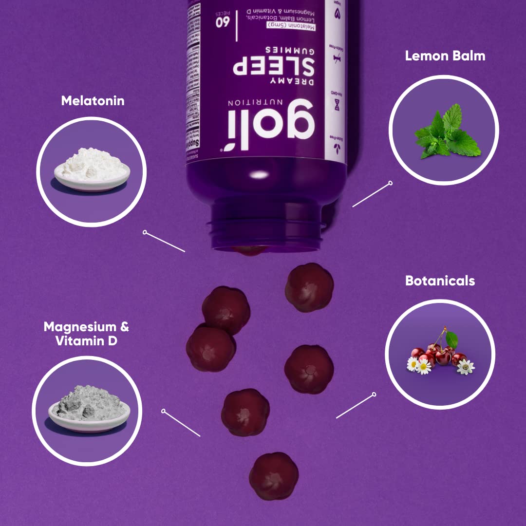 Goli Dreamy Sleep gummy label close-up emphasizes vegan, gluten-free, gelatin-free formula.