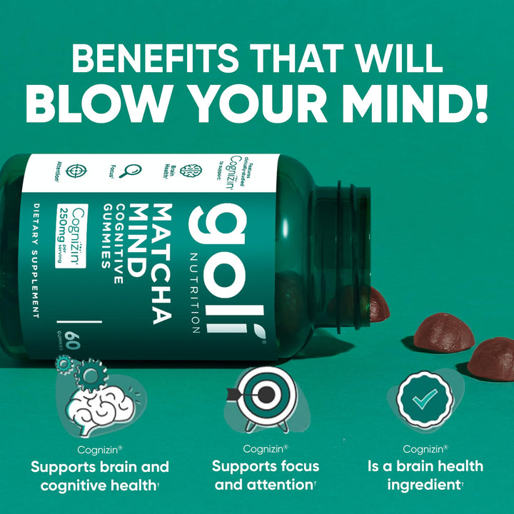 Goli Matcha Mind Gummies bottle back shows nutrition for brain health.