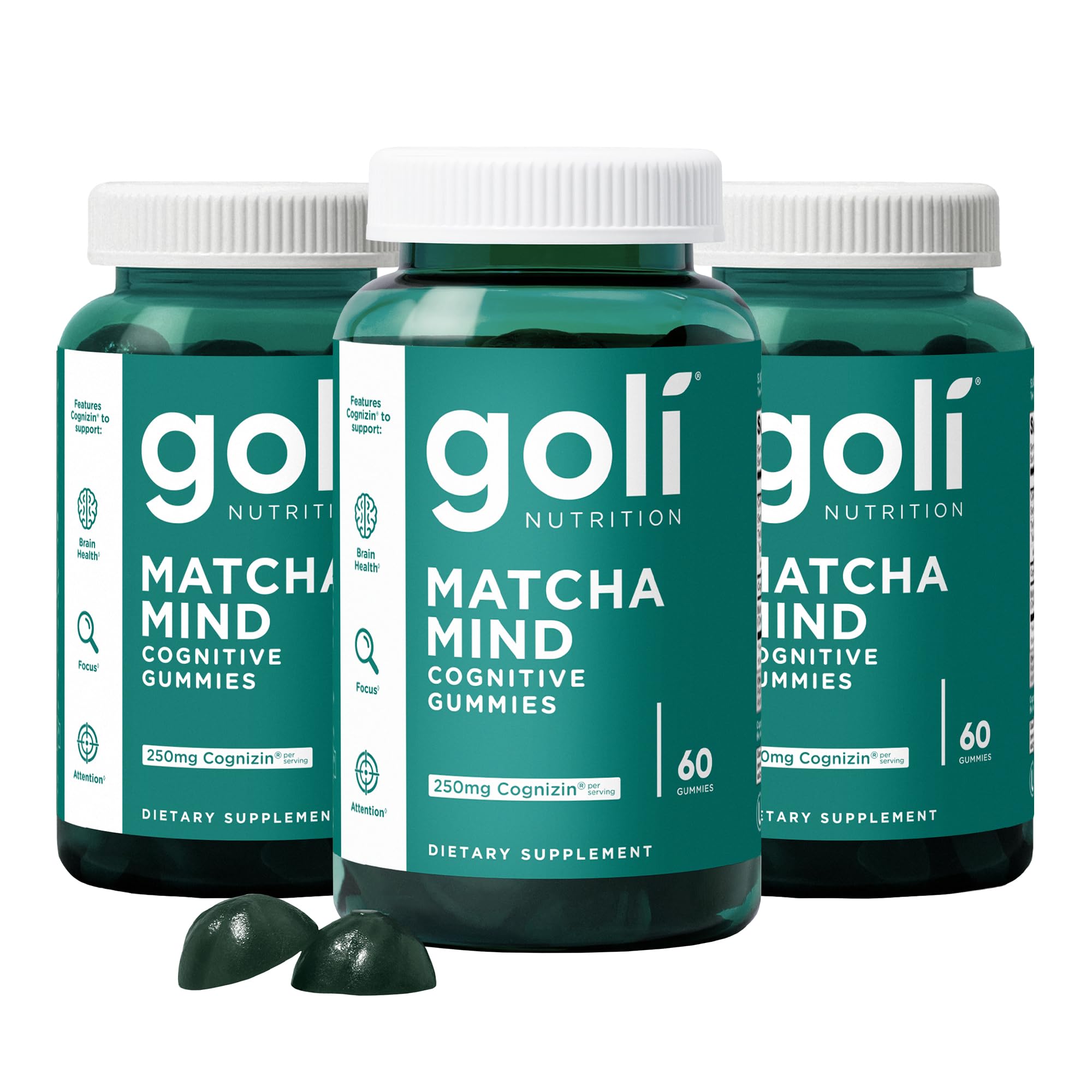 Goli Matcha Mind Gummies bottle front promoting daily focus support.