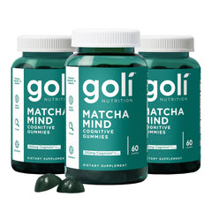Goli Matcha Mind Gummies bottle front promoting daily focus support.