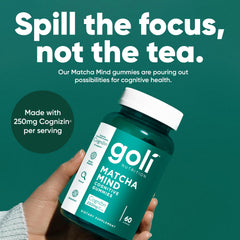 Goli Matcha Mind gummies close-up with bright green gummies.