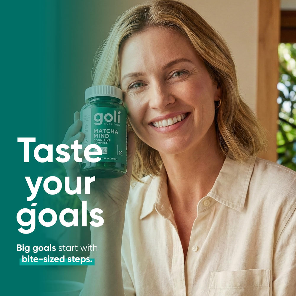 Goli Matcha Mind gummies ingredients panel showing non-GMO and vegan-friendly.