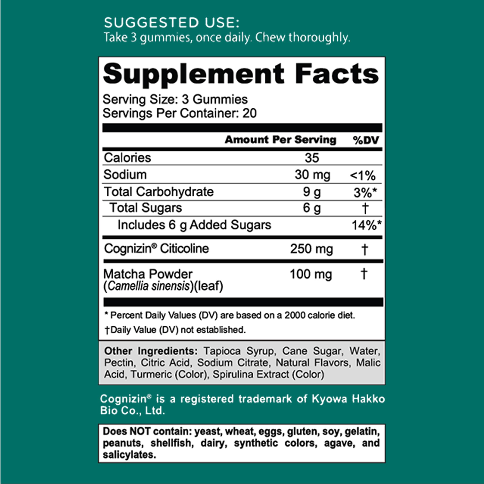 Goli Matcha Mind Gummies label closeup emphasizes Cognizin ingredient.