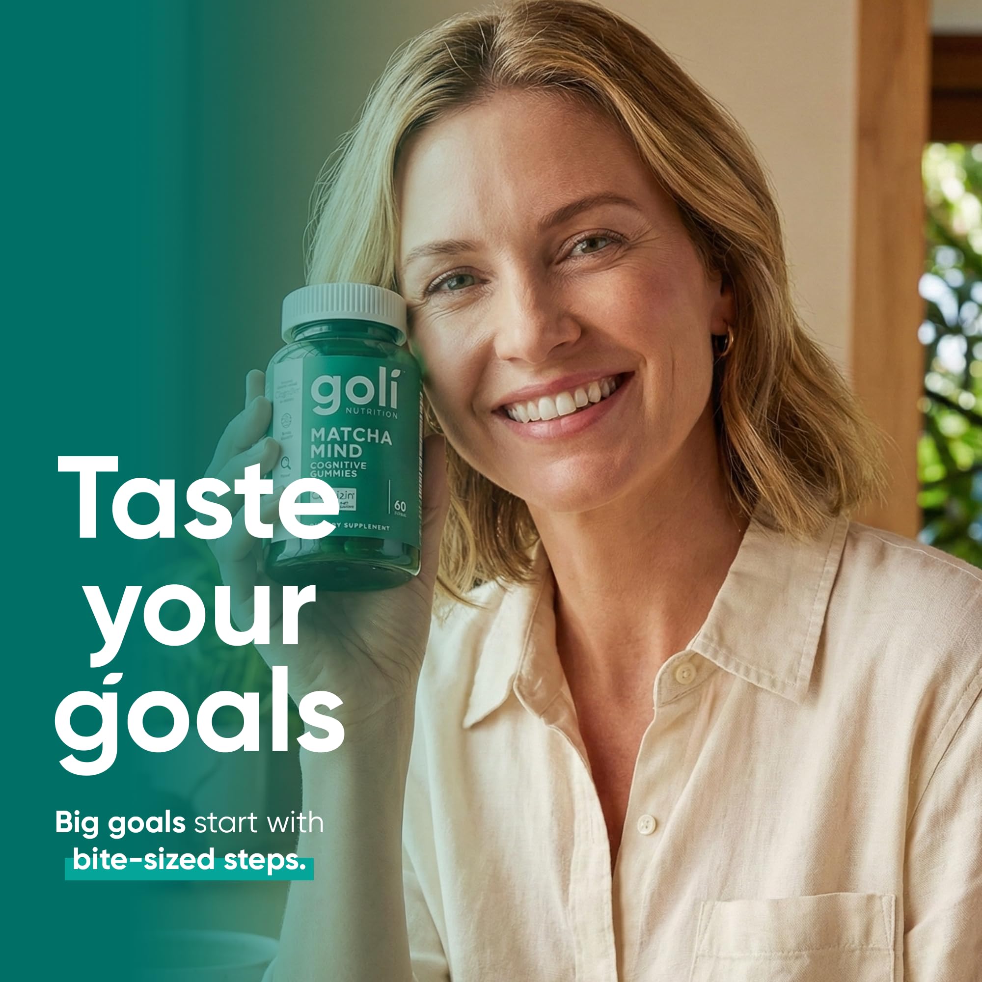 Goli Matcha Mind Gummies packaging box highlights vegan, non-GMO, gluten-free attributes.