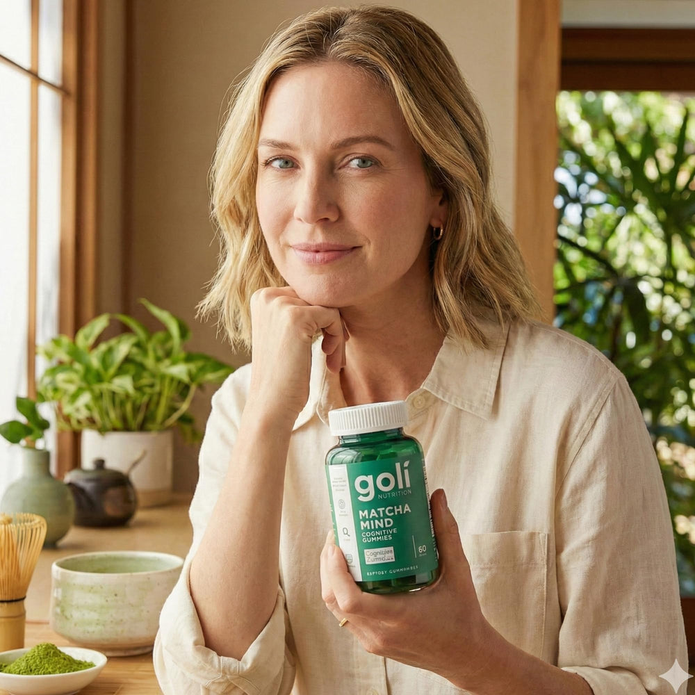 Goli Matcha Mind Gummies vegan badge closeup confirms plant-based formula.