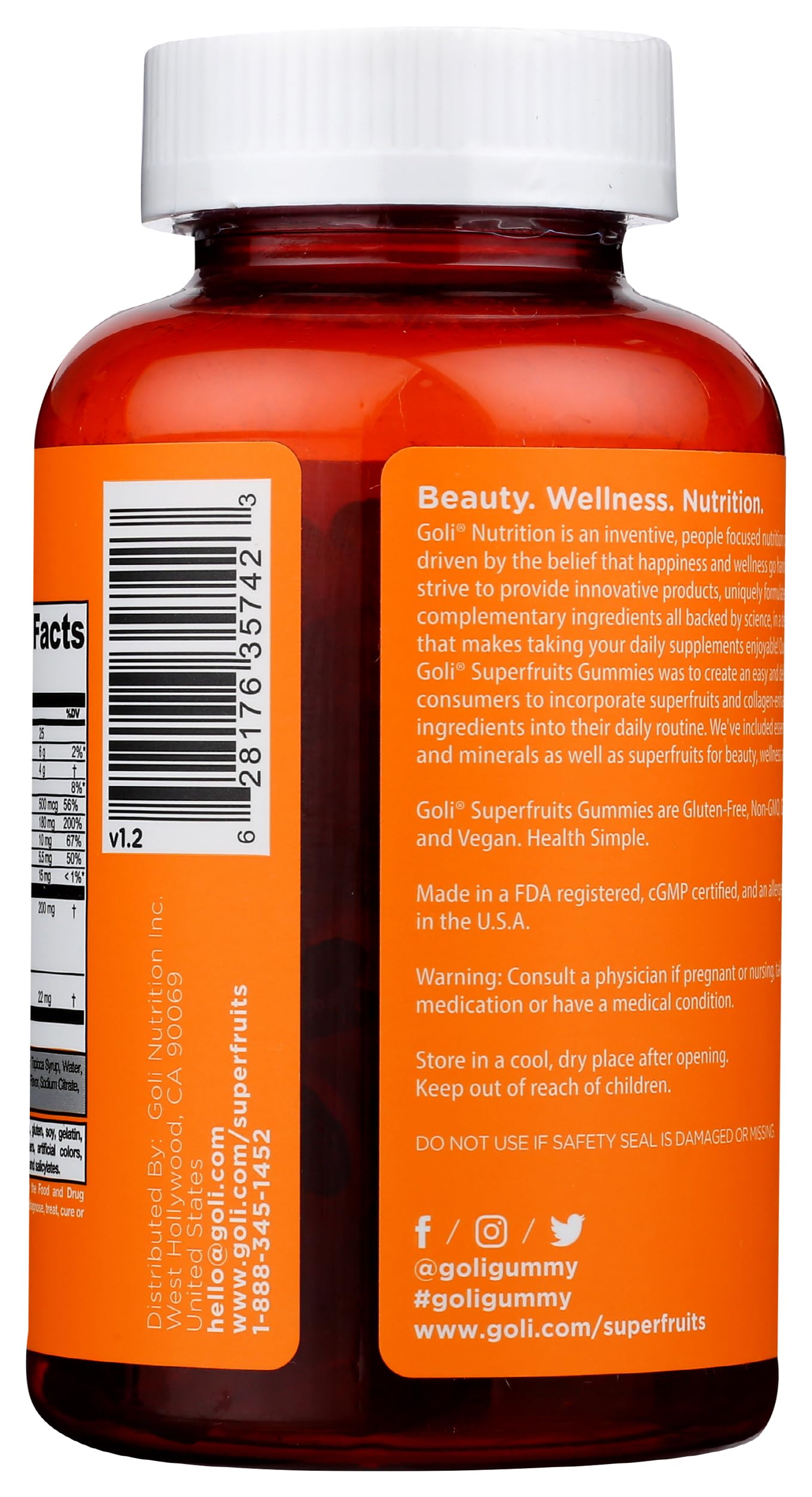 Goli gummies side view bottle highlighting gluten-free and vegan formula.