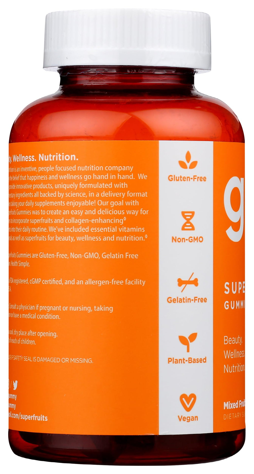 Goli ingredients panel image showcasing plant-based and no artificial sweeteners.