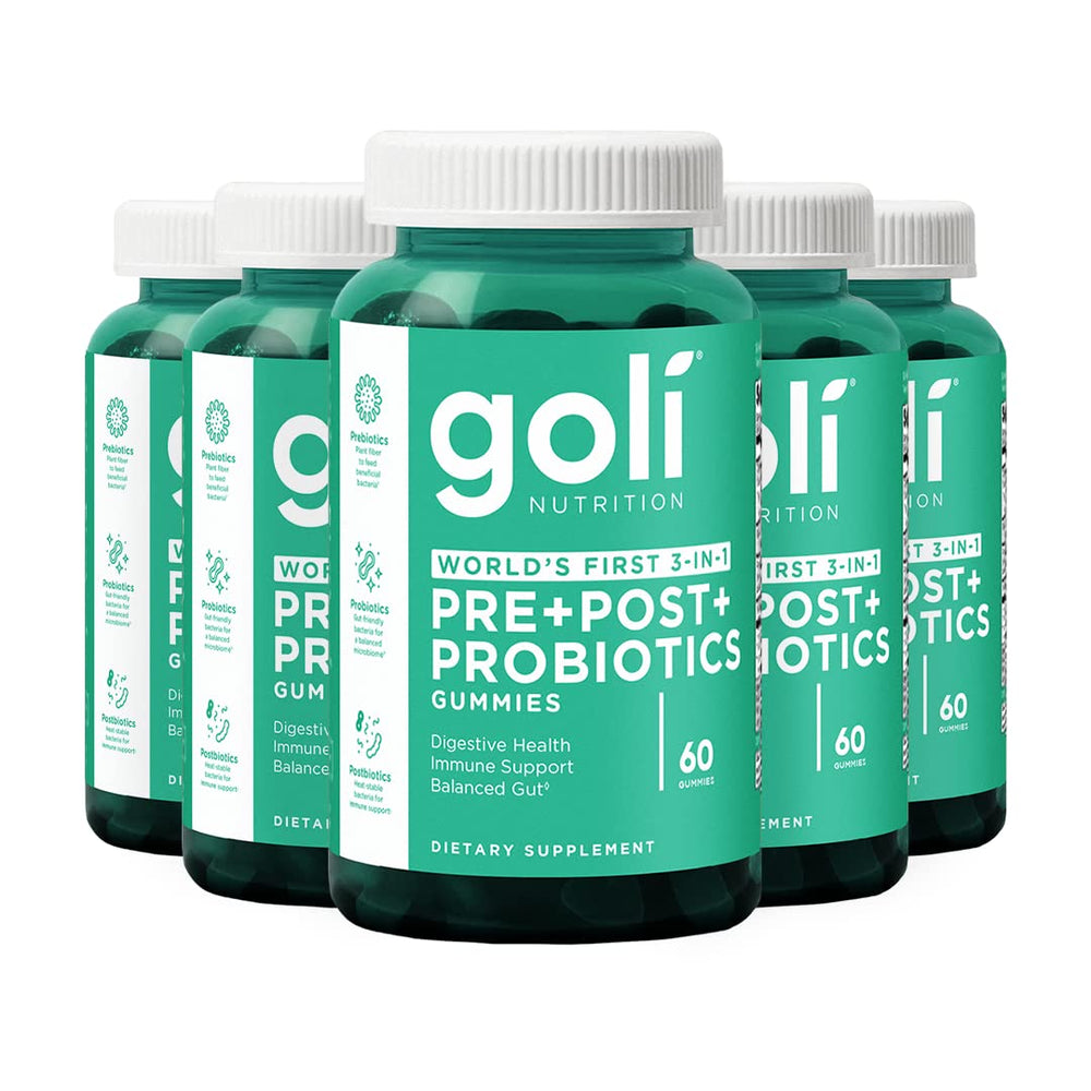 Goli Pre+Post+Probiotics gummies bottle front, vegan and gluten-free for daily wellness.