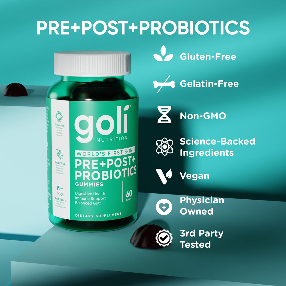 Goli infographic-style icon explaining prebiotic-probiotic-postbiotic trio.