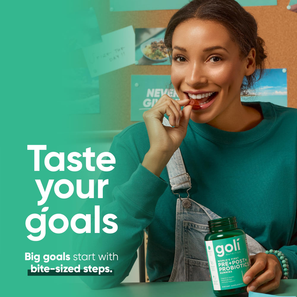 Goli gummy ingredients image highlights prebiotics, probiotics, postbiotics working together.