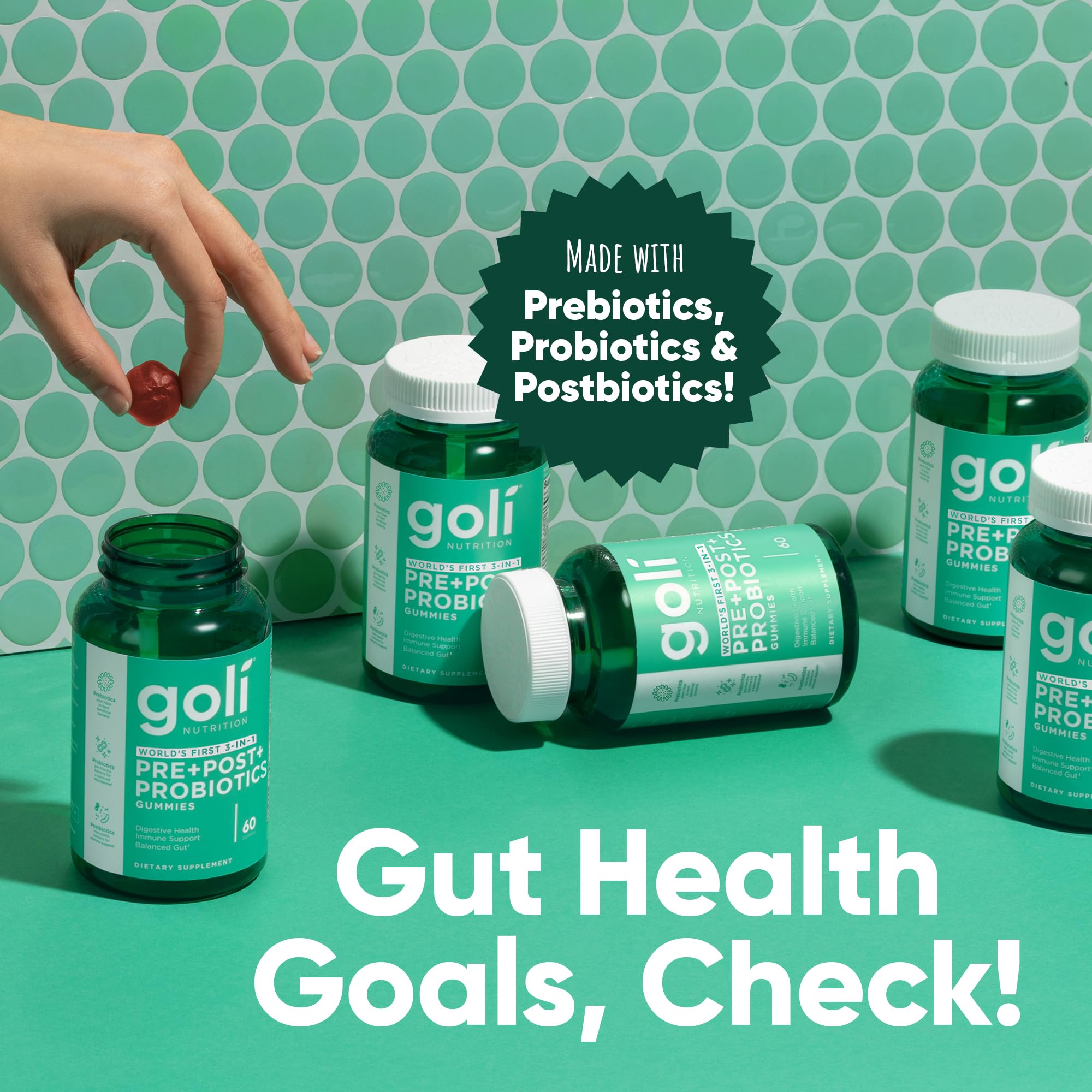 Goli gummy pack display suggests easy, portable wellness for busy days.