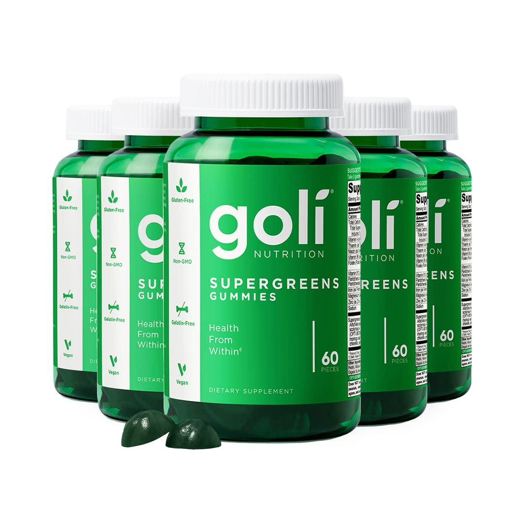 Goli Supergreens bottle front, convenient daily greens in a tasty vegan gummy.
