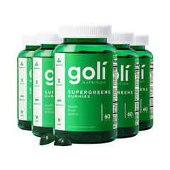Goli Supergreens bottle front, convenient daily greens in a tasty vegan gummy.