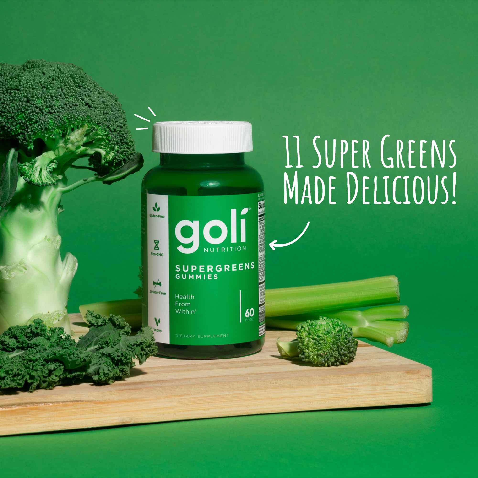 Goli Supergreens gummies with kale for nutrient-dense veggie support.