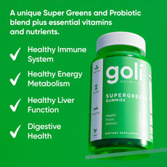 Goli Supergreens gummies with spirulina for vibrant plant-based nutrition.