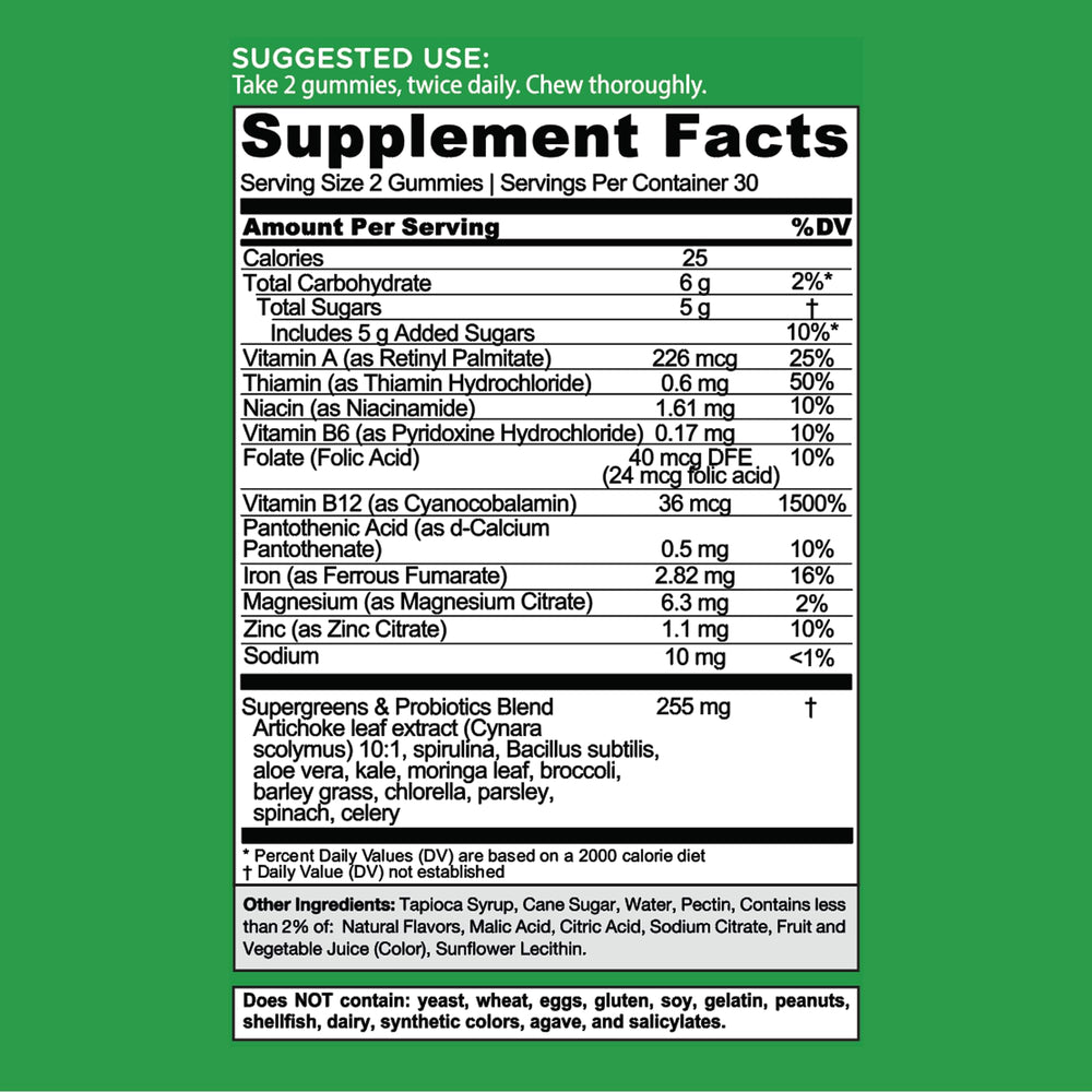 Goli Supergreens probiotic Bacillus subtilis image represents gut balance support.